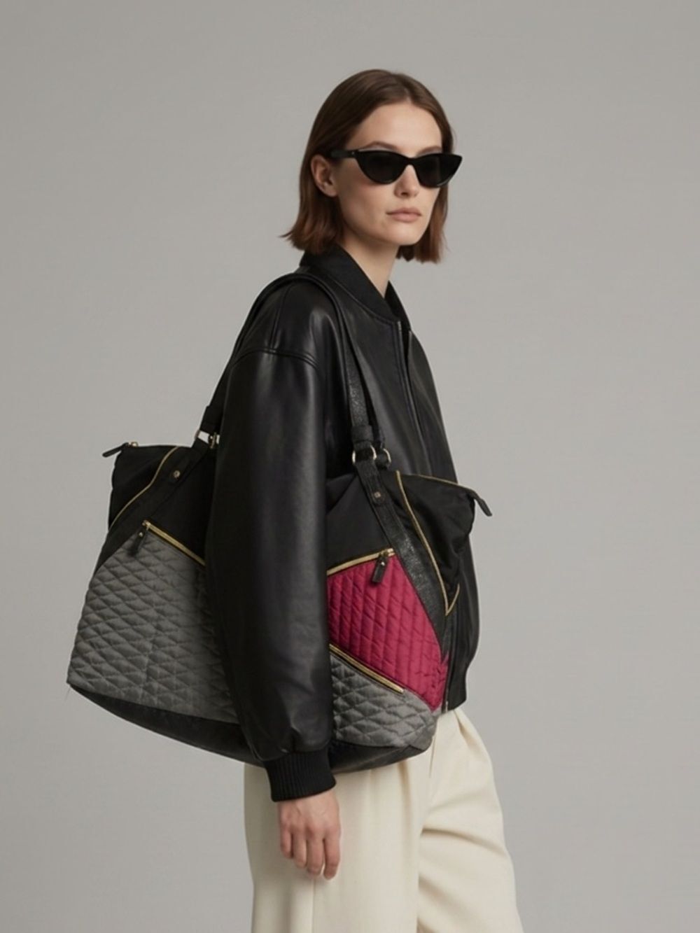 SONDRA ROBERTS | Quilted Tote Bag Purse Red Black Gray Gold Zippers